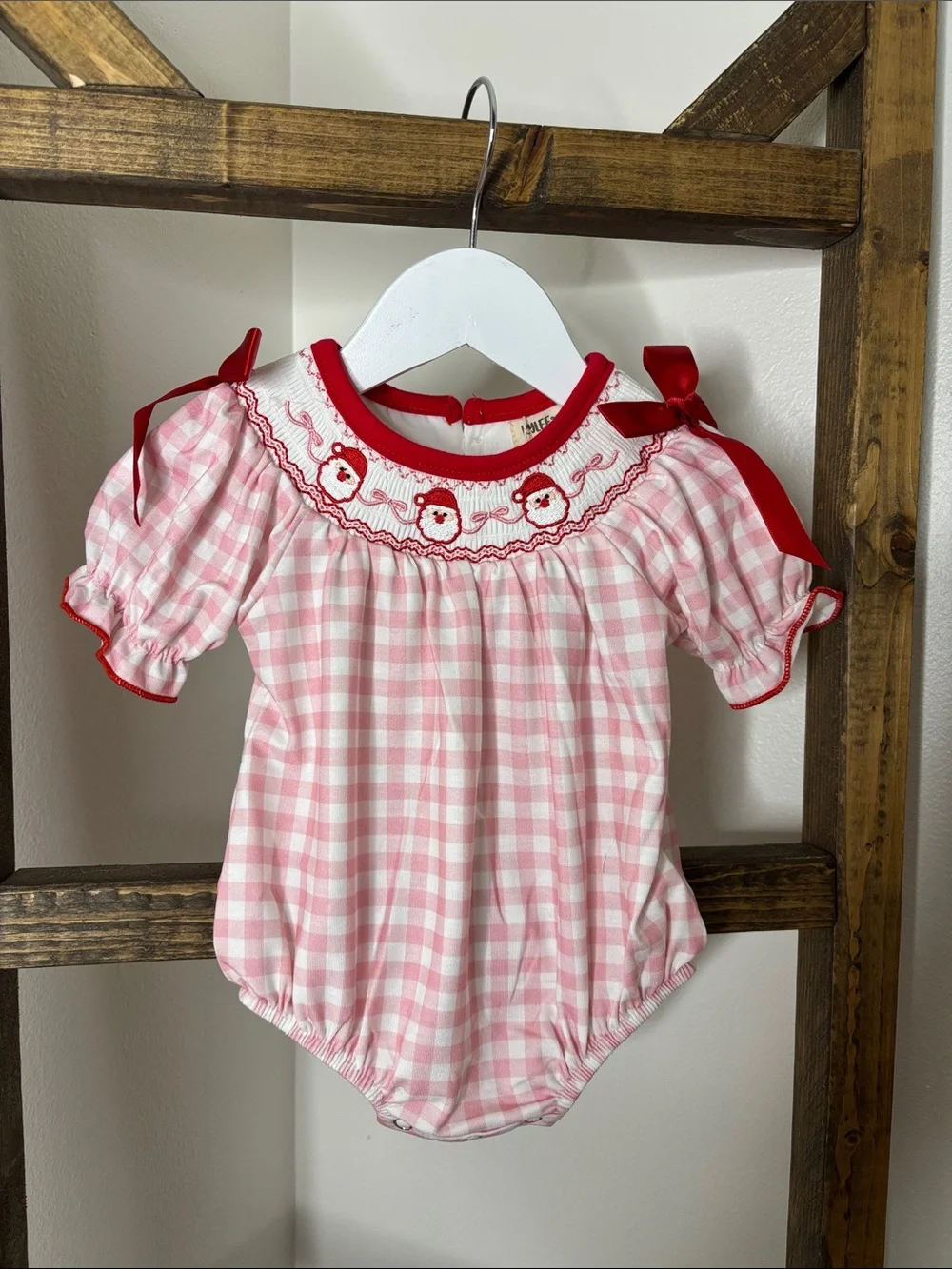 Christmas Santa Pink and Red Bows Gingham Smocked Baby One-Piece Size 3M